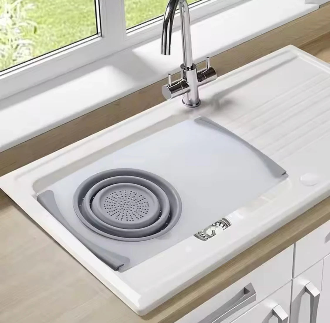 Multifunctional Cutting Board with Sink Drain & Strainer