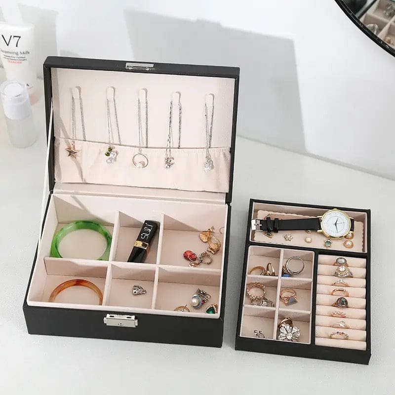 Double Layer Leather Jewellery Box, Earrings And Rings Storage Organizer