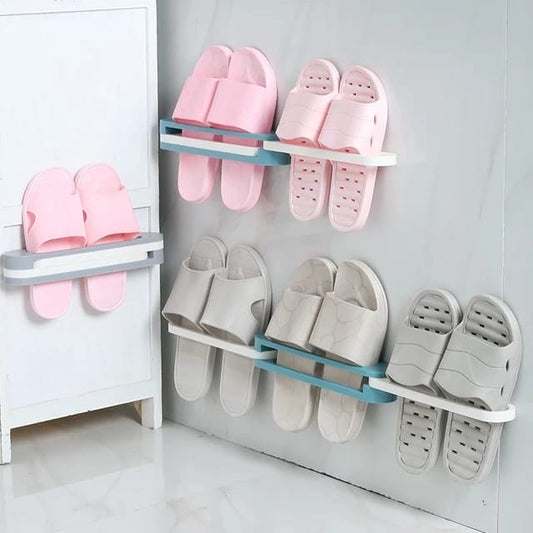 3 in 1 Bathroom Slippers Rack / Self Adhesive Wall Mounted Shoe Organizer Rack / Folding Slippers Holder / Shoes Hanger Storage Towel Hanger