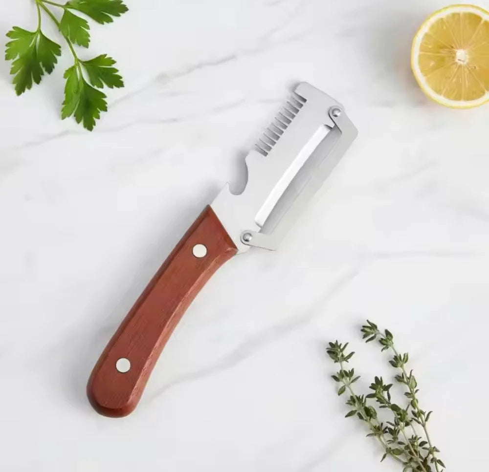 3 In 1 Vegetables Peeler With Wooden Handle, Stainless Steel Scallion Shredder, Multifunctional Vegetable Slicing Peeler, Kitchen Tool