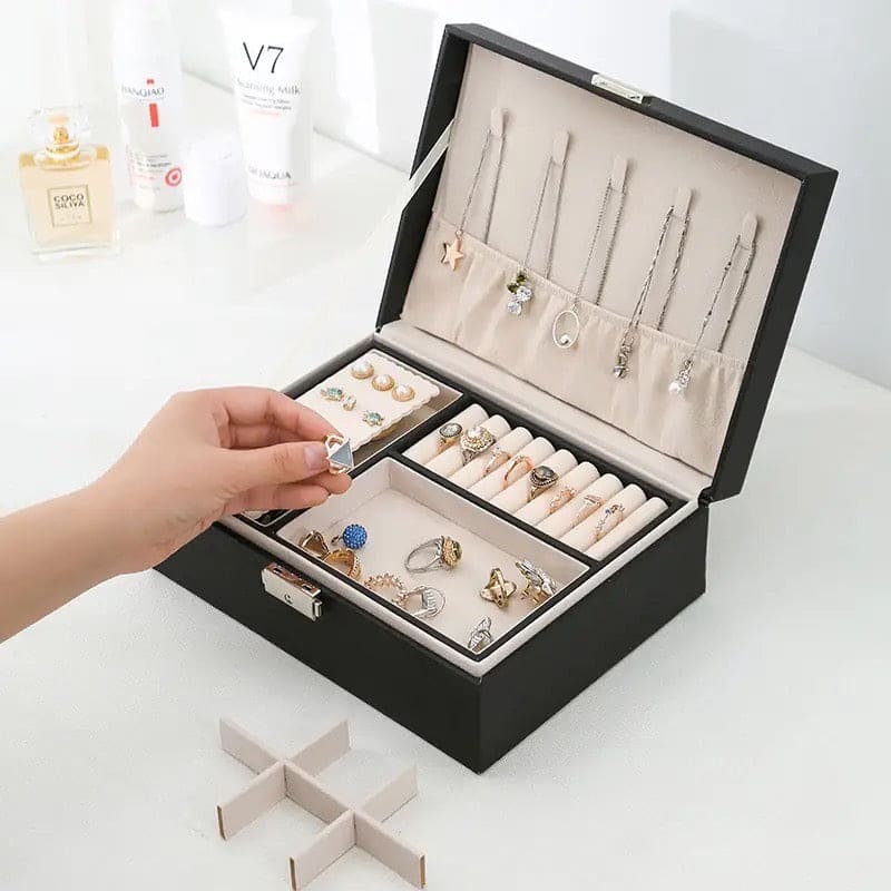 Double Layer Leather Jewellery Box, Earrings And Rings Storage Organizer