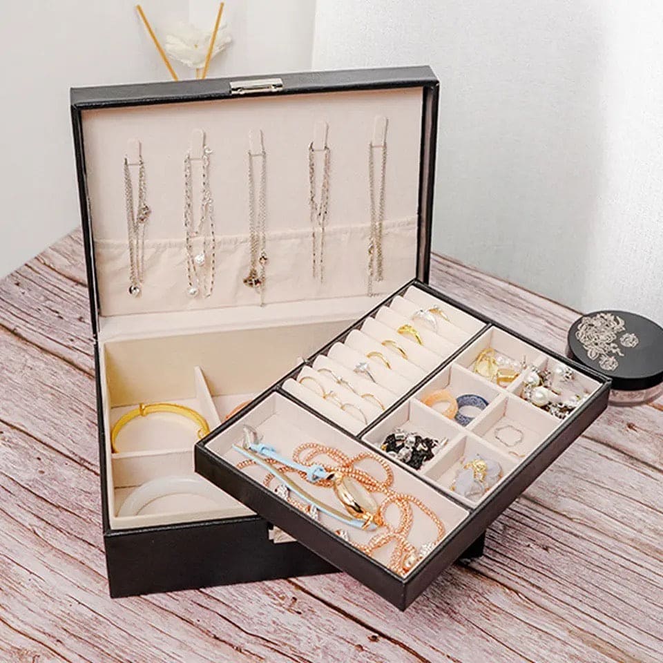 Double Layer Leather Jewellery Box, Earrings And Rings Storage Organizer
