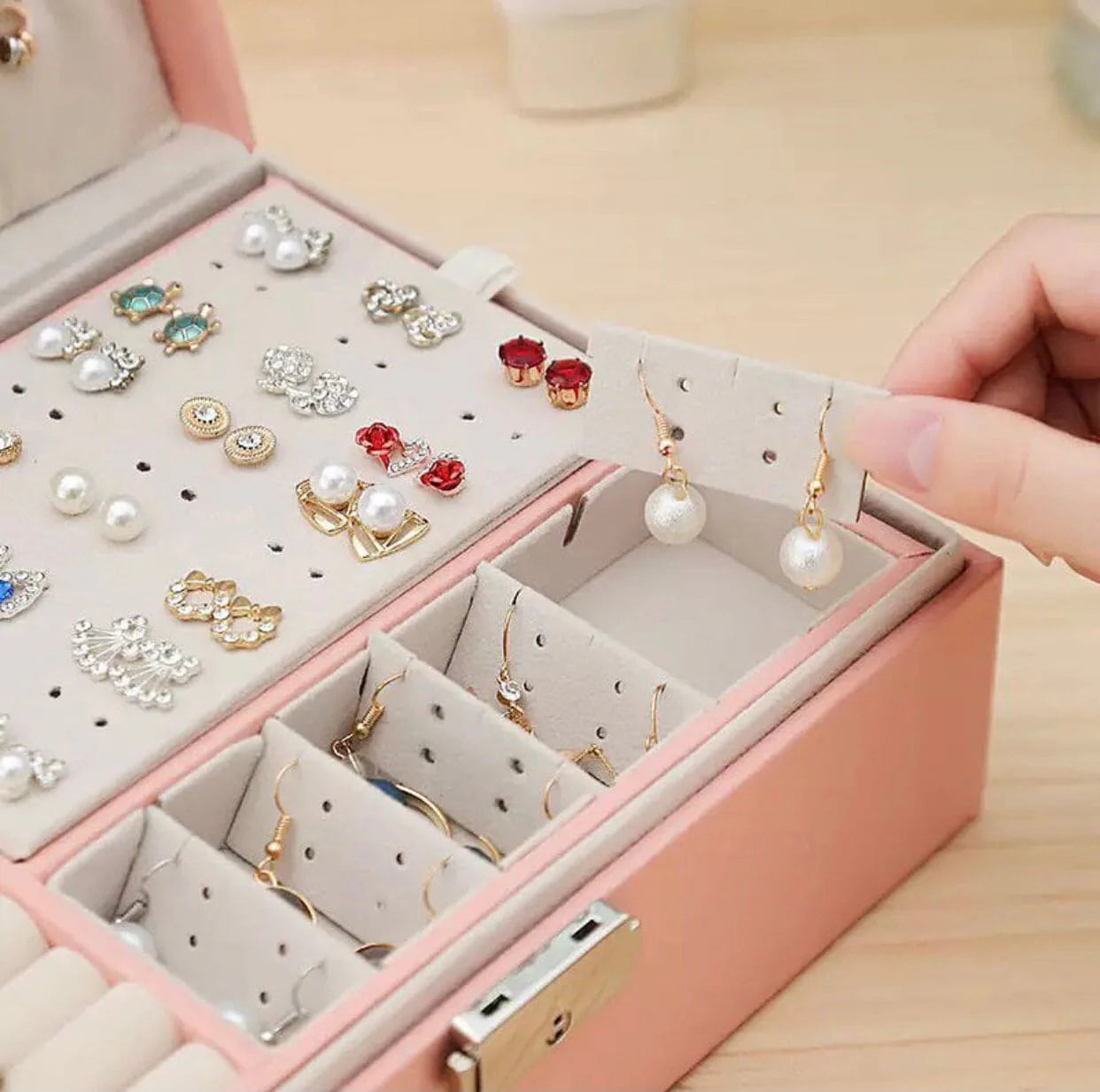 Double Layer Leather Jewellery Box, Earrings And Rings Storage Organizer
