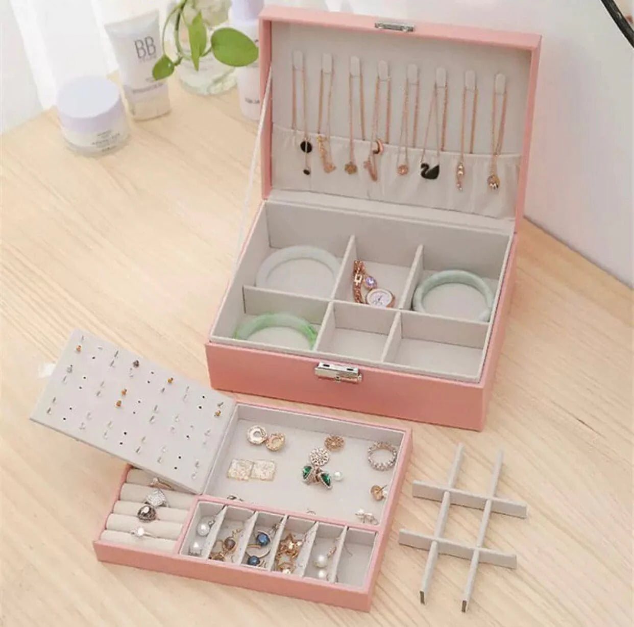Double Layer Leather Jewellery Box, Earrings And Rings Storage Organizer