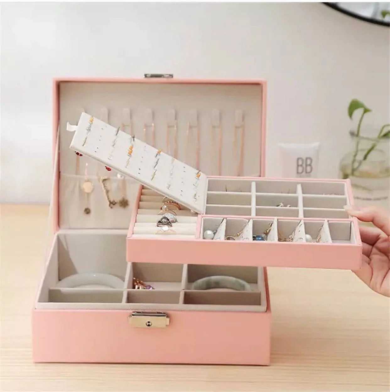 Double Layer Leather Jewellery Box, Earrings And Rings Storage Organizer