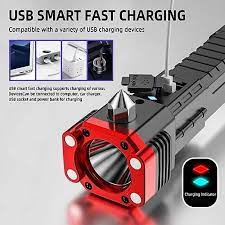 Rechargeable Torch Flashlight Long Distance Beam Range/Car Rescue Torch with Hammer/Window Glass and Seat Belt Cutter/Built in Mobile USB Fast Charger Power Bank