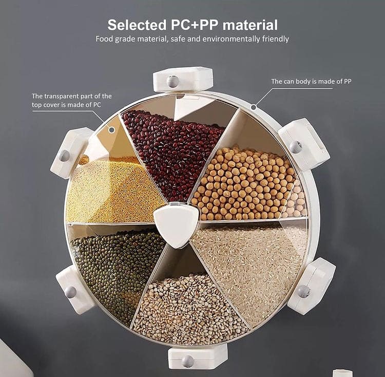 Wall Mounted 6 Grids Grain Storage Wheel, Rotatable Cereal Container, 6 in 1 Rotatable Wall Mounted Rice And Pulses Container