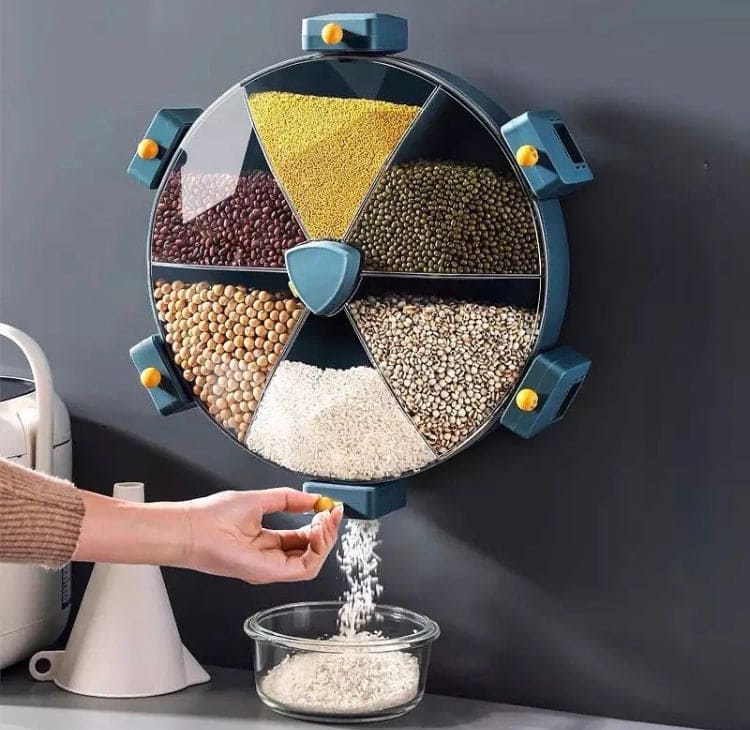 Wall Mounted 6 Grids Grain Storage Wheel, Rotatable Cereal Container, 6 in 1 Rotatable Wall Mounted Rice And Pulses Container