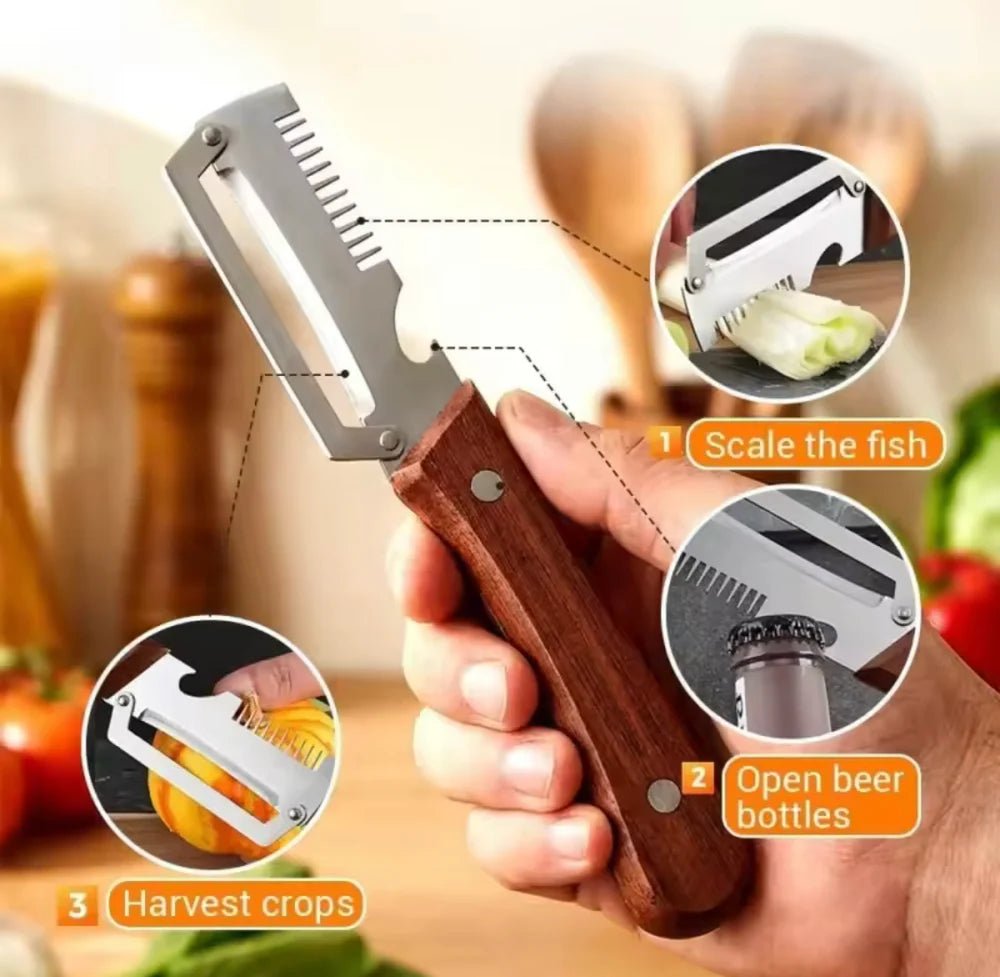 3 In 1 Vegetables Peeler With Wooden Handle, Stainless Steel Scallion Shredder, Multifunctional Vegetable Slicing Peeler, Kitchen Tool