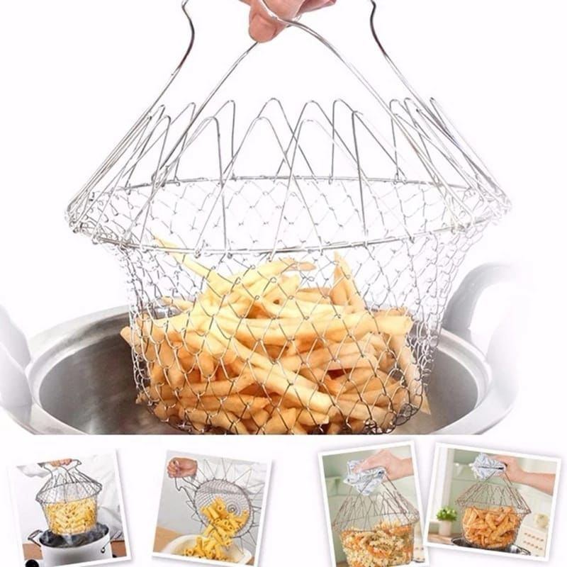 Multifunction Foldable Steam Rinse Strain Fry French Chef Basket Drainer Magic Basket Mesh Basket Strainer Net Kit