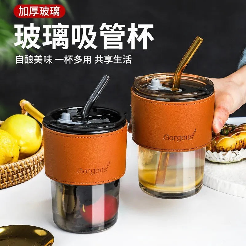 450ML Gorgous Double Drinking Glass Cup With Glass Straw