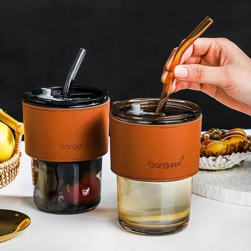 450ML Gorgous Double Drinking Glass Cup With Glass Straw