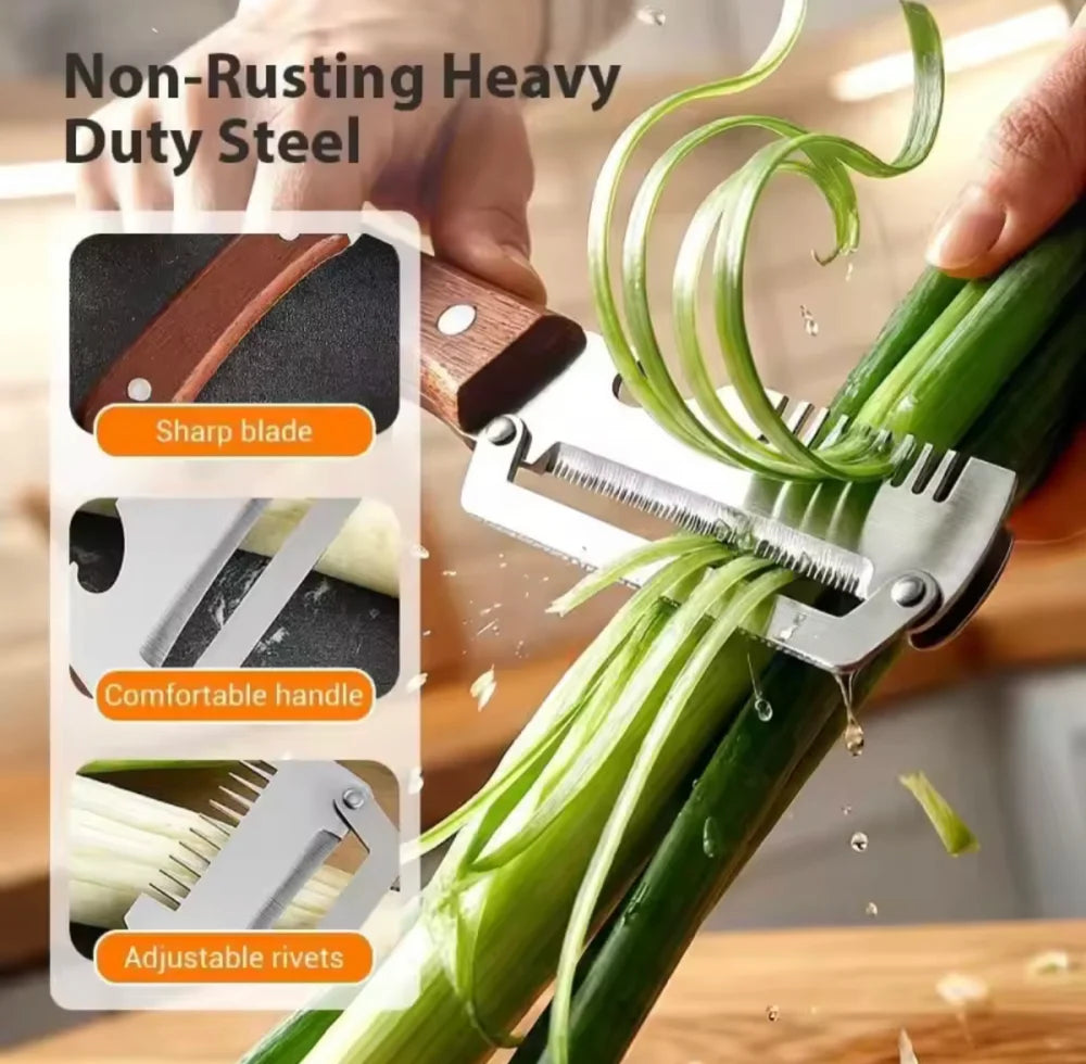 3 In 1 Vegetables Peeler With Wooden Handle, Stainless Steel Scallion Shredder, Multifunctional Vegetable Slicing Peeler, Kitchen Tool