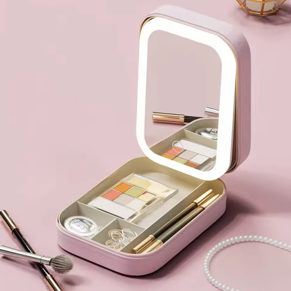Travel Makeup Case With LED Light Mirror, Cosmetic Bag With LED Light Mirror, Portable Mini Jewelry Box With Adjustable LED Light Mirror