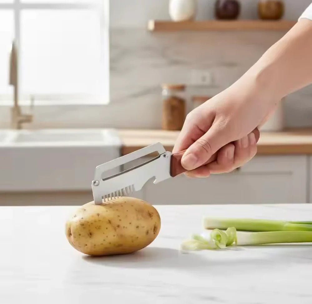 3 In 1 Vegetables Peeler With Wooden Handle, Stainless Steel Scallion Shredder, Multifunctional Vegetable Slicing Peeler, Kitchen Tool