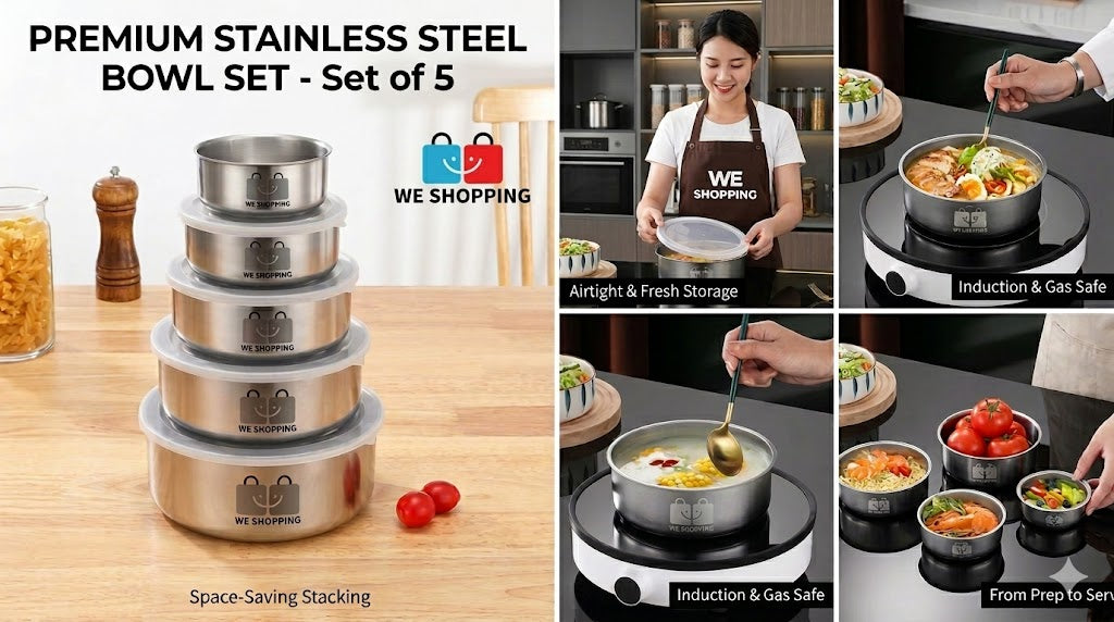 Set of 5 Stainless Steel Bowl Set  With Lids