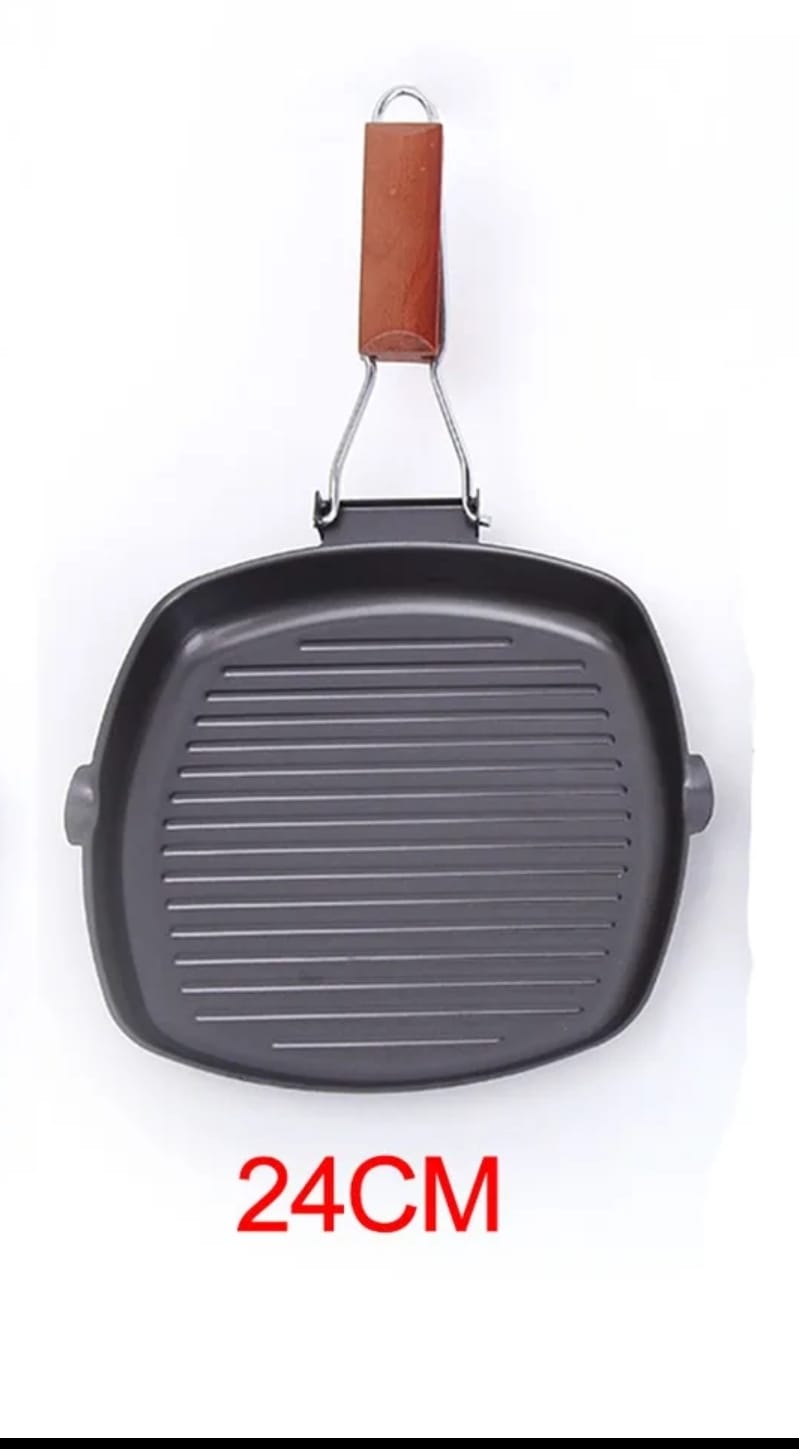 24cm Non-Stick Cast Iron Steak Frying Pan Folding Wooden Handle Fry Pan