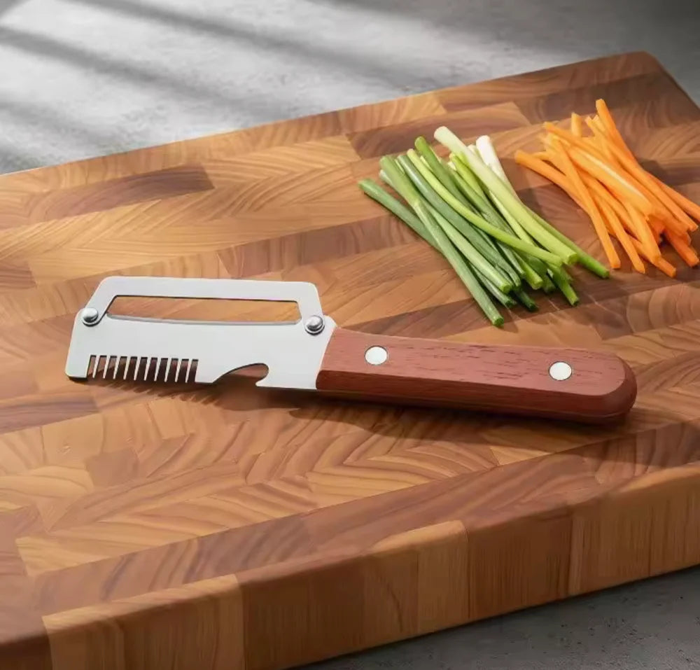 3 In 1 Vegetables Peeler With Wooden Handle, Stainless Steel Scallion Shredder, Multifunctional Vegetable Slicing Peeler, Kitchen Tool