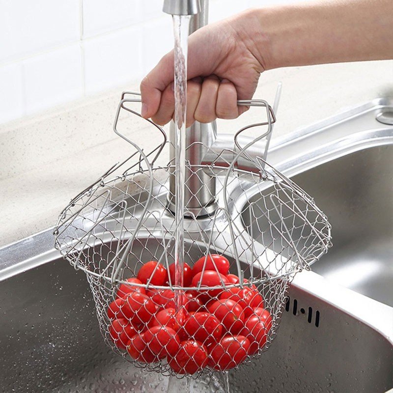 Multifunction Foldable Steam Rinse Strain Fry French Chef Basket Drainer Magic Basket Mesh Basket Strainer Net Kit