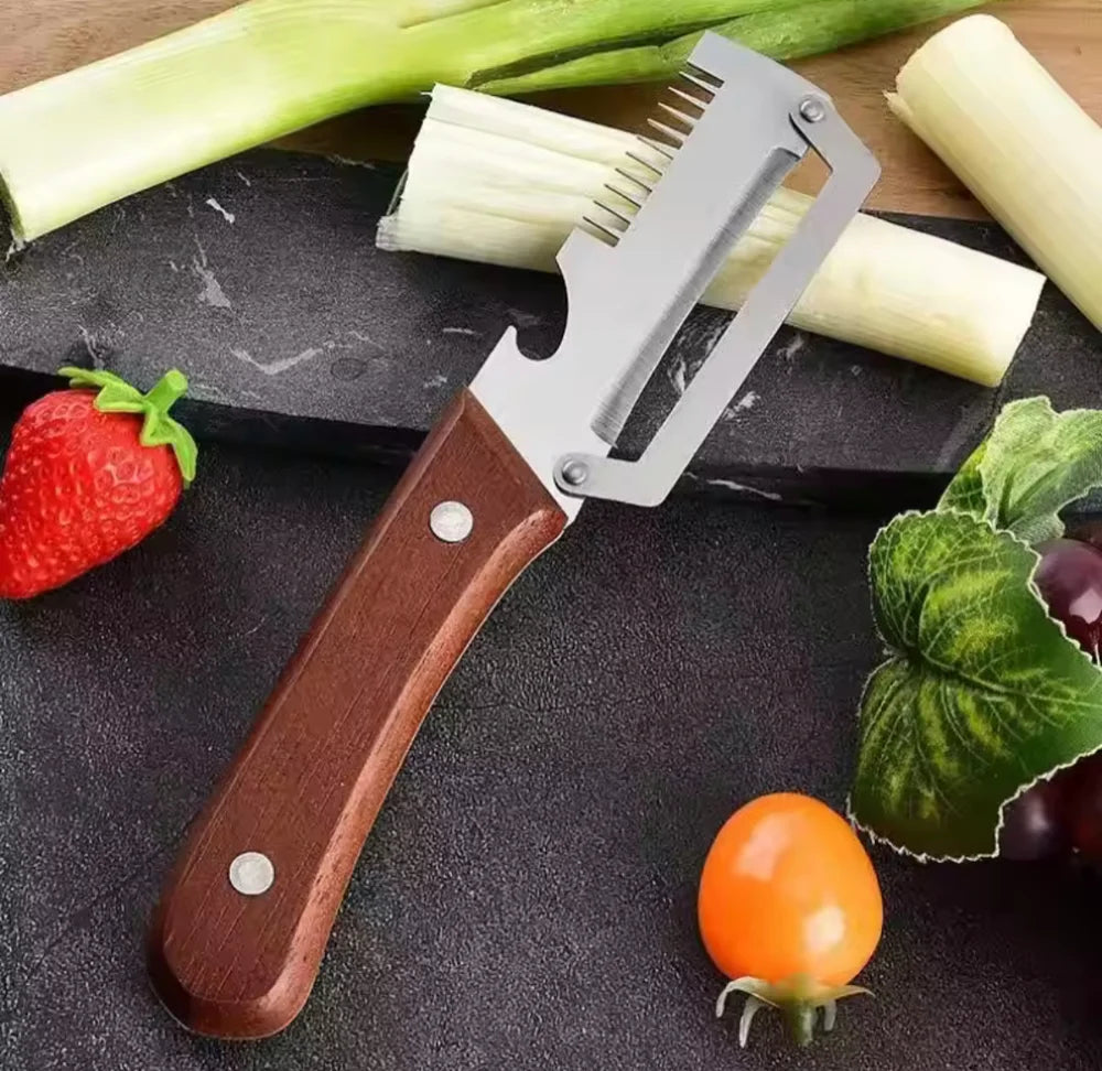 3 In 1 Vegetables Peeler With Wooden Handle, Stainless Steel Scallion Shredder, Multifunctional Vegetable Slicing Peeler, Kitchen Tool