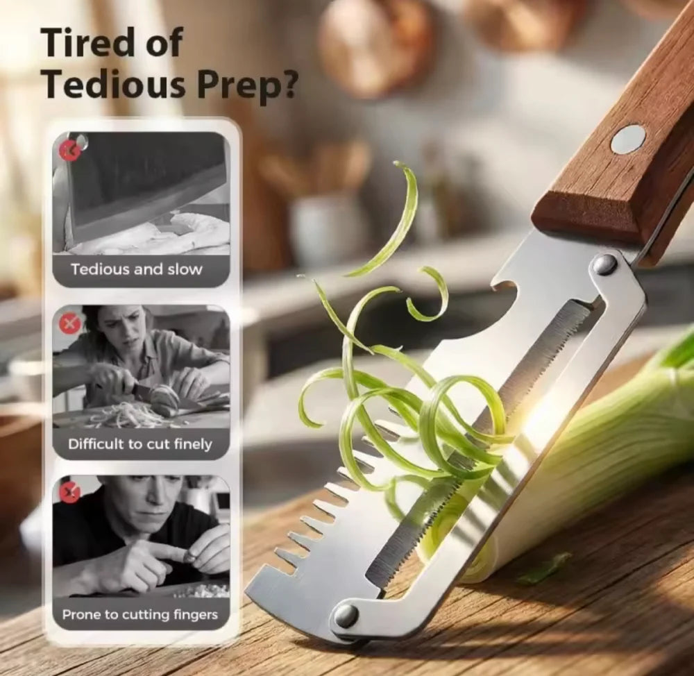 3 In 1 Vegetables Peeler With Wooden Handle, Stainless Steel Scallion Shredder, Multifunctional Vegetable Slicing Peeler, Kitchen Tool