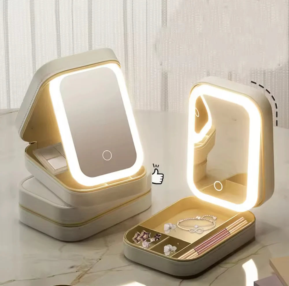 Travel Makeup Case With LED Light Mirror, Cosmetic Bag With LED Light Mirror, Portable Mini Jewelry Box With Adjustable LED Light Mirror