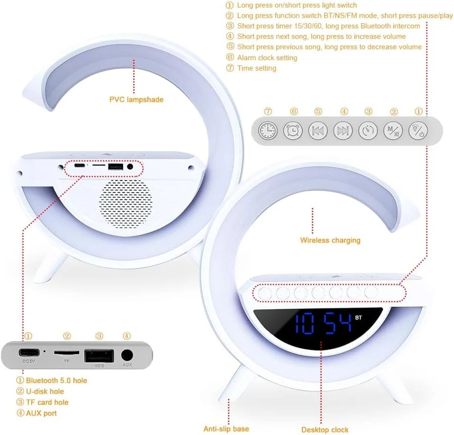 G Lamp Bluetooth Speaker with Digital Clock & RGB Night Light