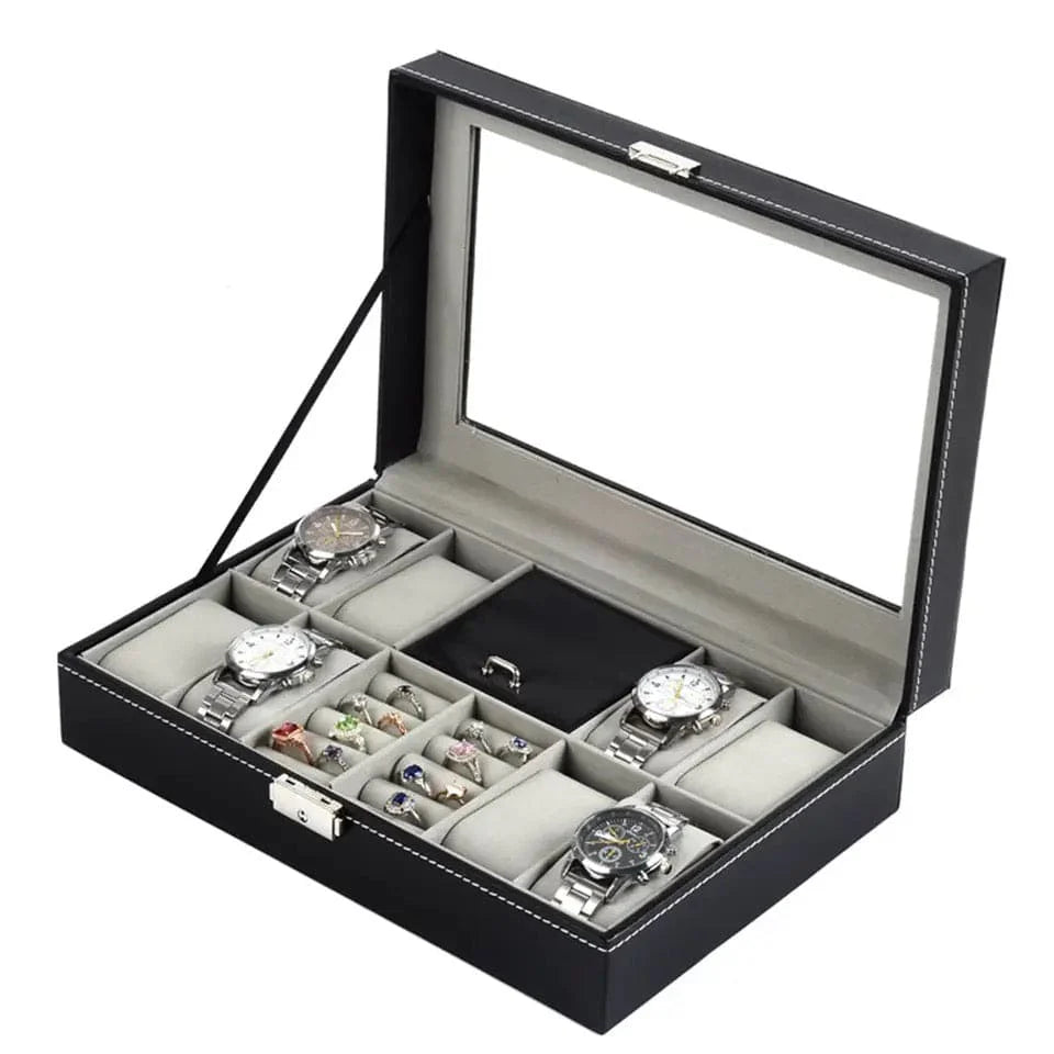 PU Leather Watch, Ring & Jewelry Organizer Lockable Storage Box