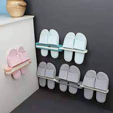 3 in 1 Bathroom Slippers Rack / Self Adhesive Wall Mounted Shoe Organizer Rack / Folding Slippers Holder / Shoes Hanger Storage Towel Hanger