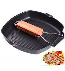 24cm Non-Stick Cast Iron Steak Frying Pan Folding Wooden Handle Fry Pan