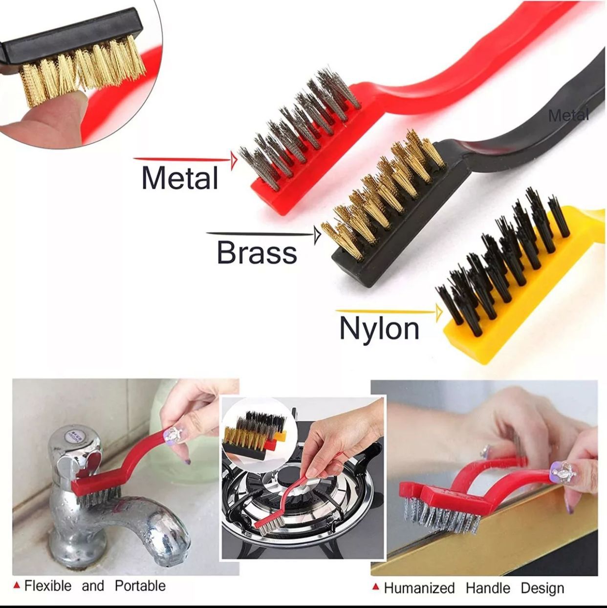 3 Pcs Wire Brush Set includes Steel , Brass &Nylon Brush