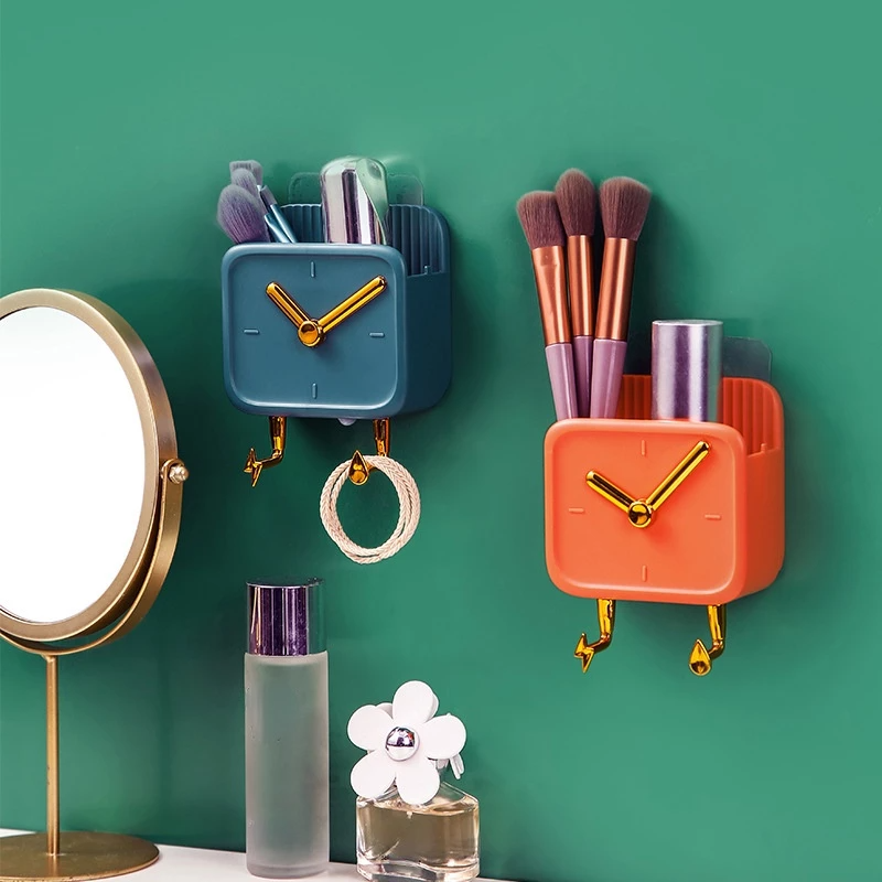 Creative Clock Wall Hanging Storage Box with Hook Kitchen Bathroom Bedside Organizer Shelf Mobile Phone Holder